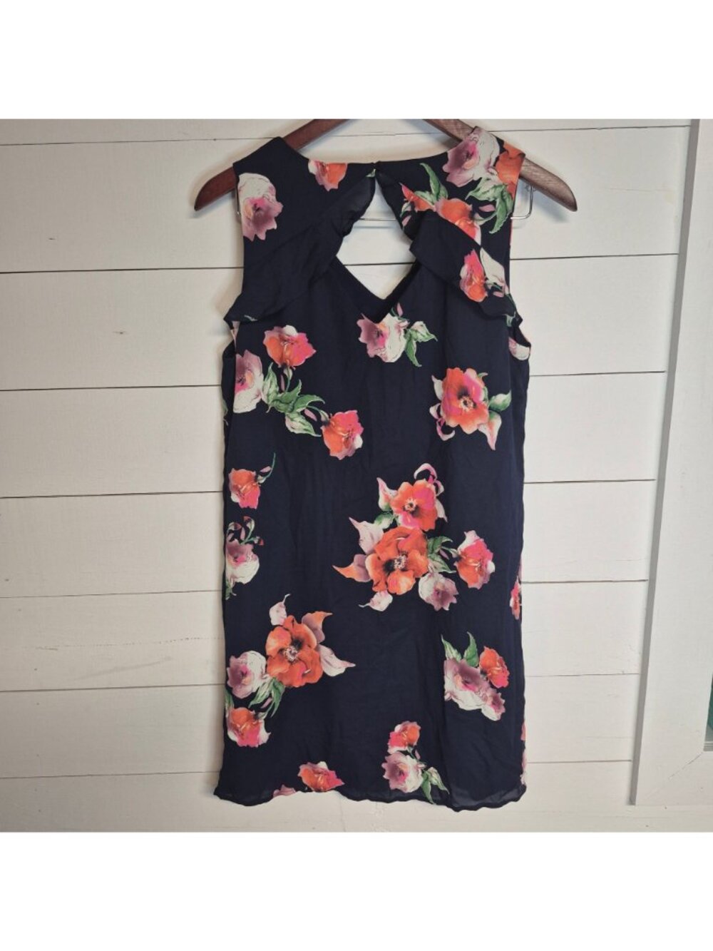 Skies Are Blue Floral Sleeveless Navy Dress With Ruffle Neckline - Picture 4 of 7